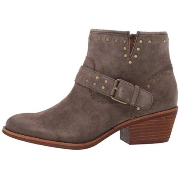 Söfft ALLENE Suede Moto Bootie Studs Buckles Side Zip Western Cowboy Boots Taupe - Picture 2 of 16